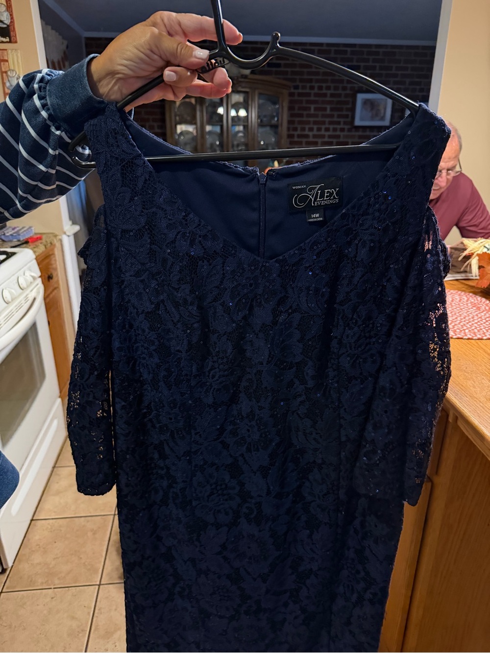 Alex Evenings Navy Blue Lace Long Sleeve Evening Dress